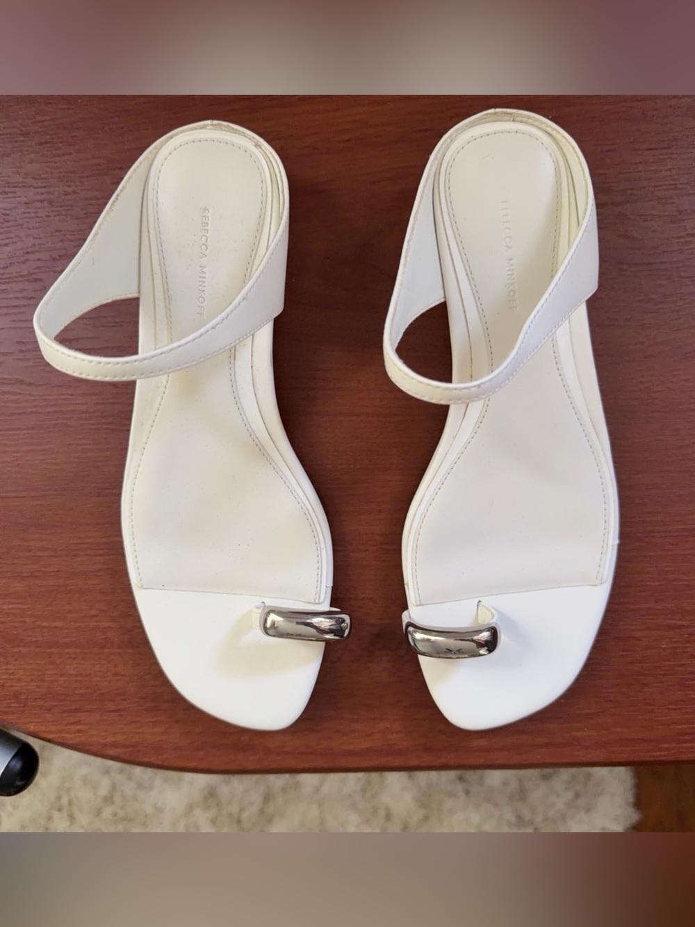 Rebecca Minkoff White Leather Toe-Ring Sandals with Silver Accent